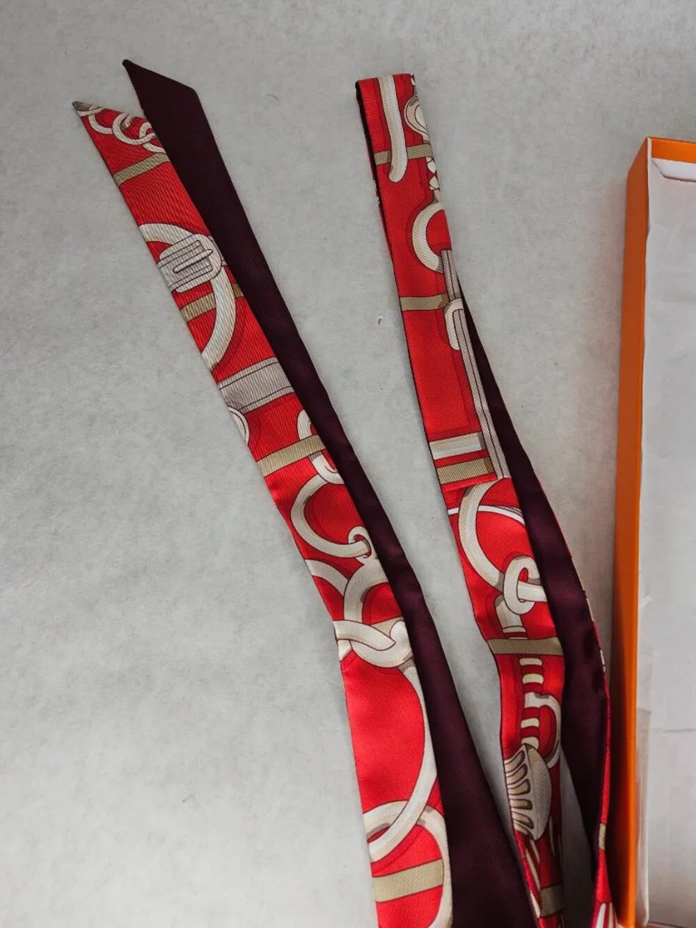 Authentic Hermes Red White Twilly Thin Silk Scarf with Box